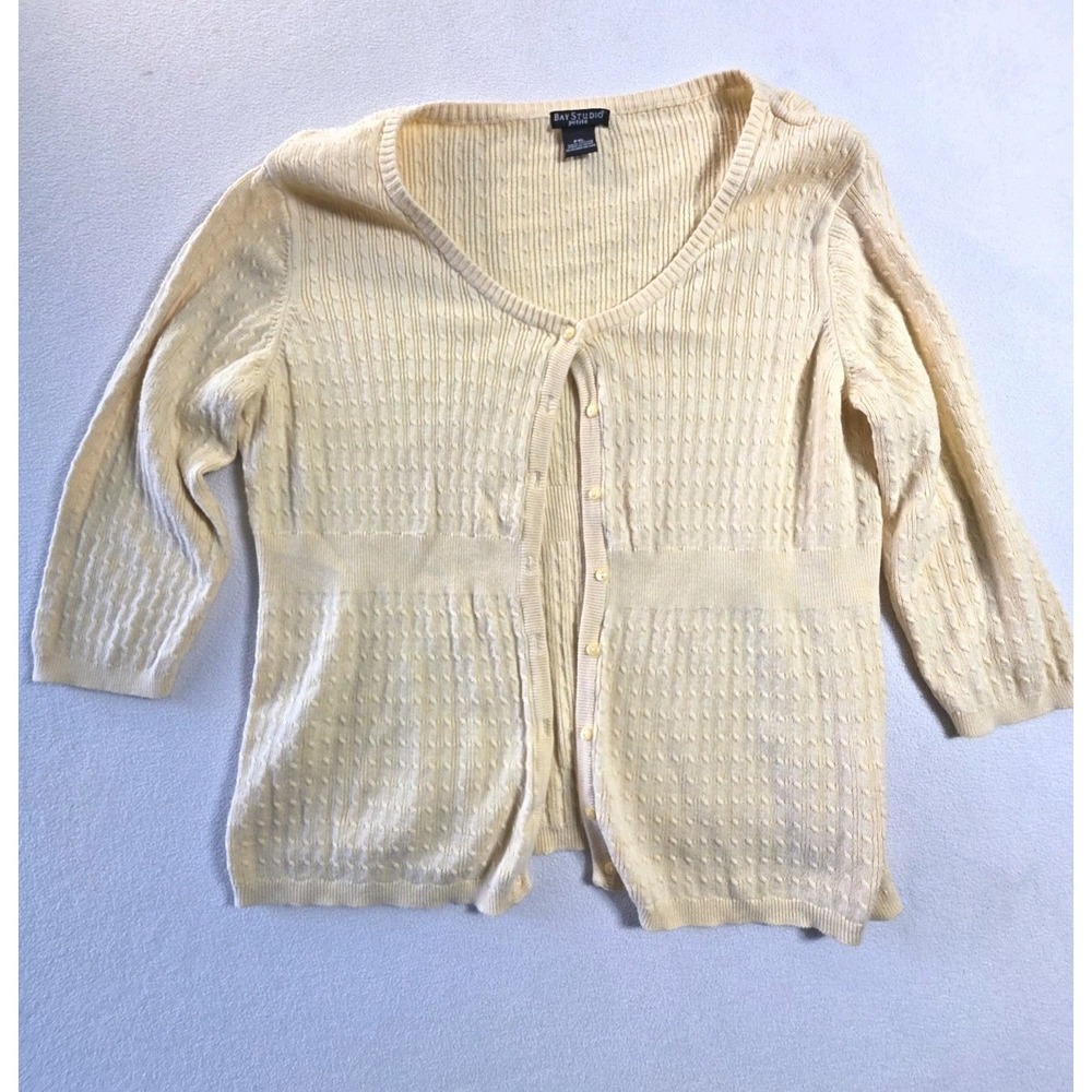 Bay Studio Petite PXL 100% Cotton Cream Knit Cardigan Sweater 3/4 Sleeve